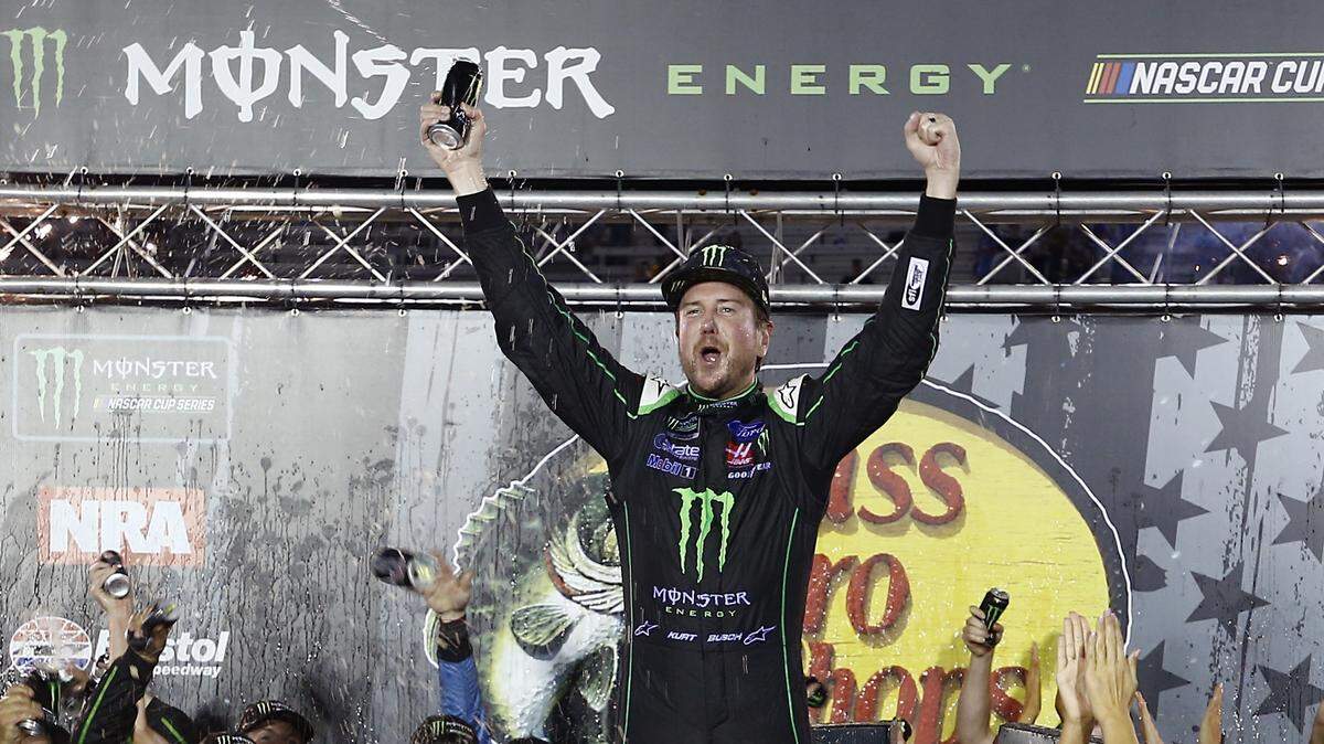 Kurt Busch celebrates after winning the NASCAR Cup Series auto race Saturday, Aug. 18, 2018, in Bristol, Tenn. (AP Photo/Wade Payne)