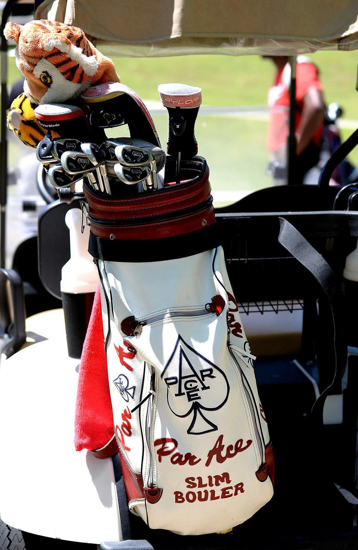 The golf bag that was prominently displayed behind James “Slim” Bouler during his federal court case in 1992 now stands on the back of a golf cart at the Dr. Charles L. Sifford Golf Course in Charlotte, NC on Thursday, May 7, 2020. Bouler beat NBA star Michael Jordan out of $57,000 in one three-day weekend of golf in 1991. Bouler would later go to trial in a federal court where Jordan would appear as a witness in 1992.