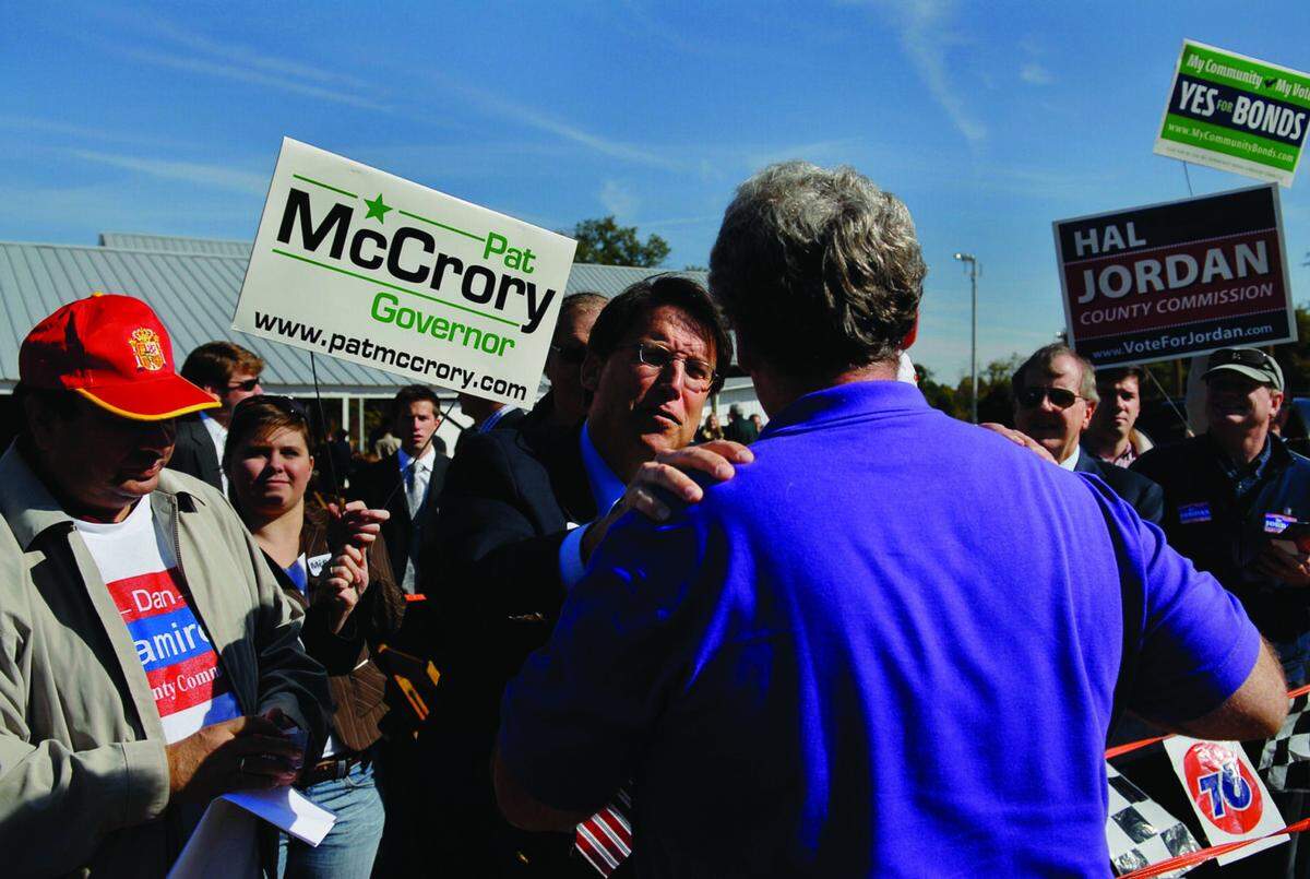 Pat McCrory, Charlotte mayor and North Carolina gubernatorial candidate, campaigns at the Mallard Creek Barbecue on October 23, 2008.