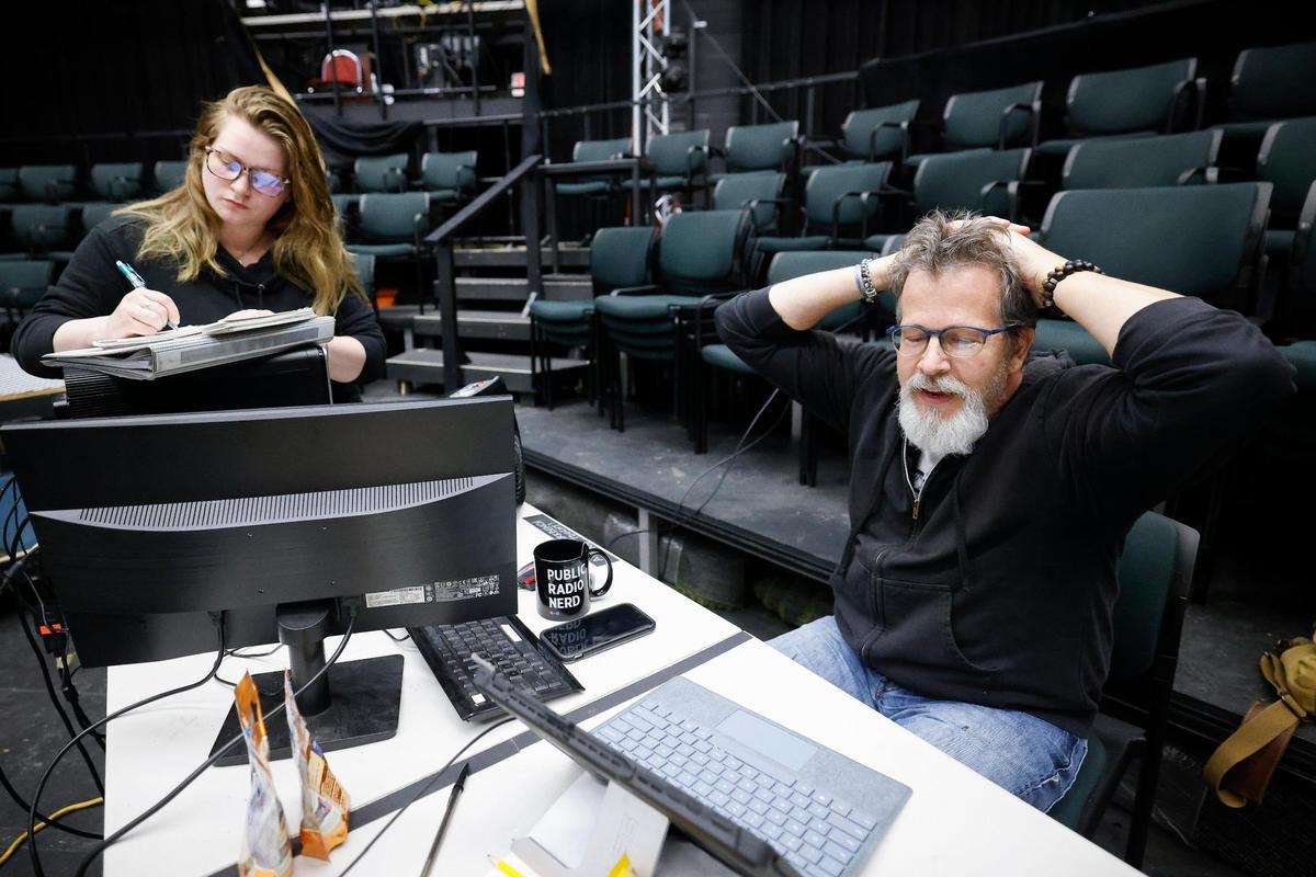 Chip Decker gives notes to production assistant Kathryn Harding, aftera rehearsal for “Becoming Dr. Ruth.”