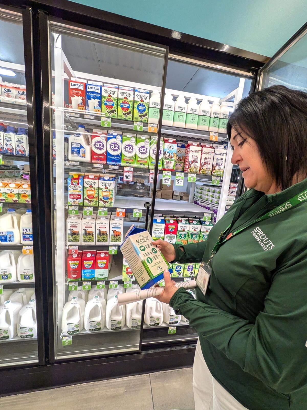 Marisa Thompson, vice president of marketing for Sprouts, talks about A2 milk benefits during a tour Thursday of the Phoenix-based specialty grocer’s third store opening in Charlotte.