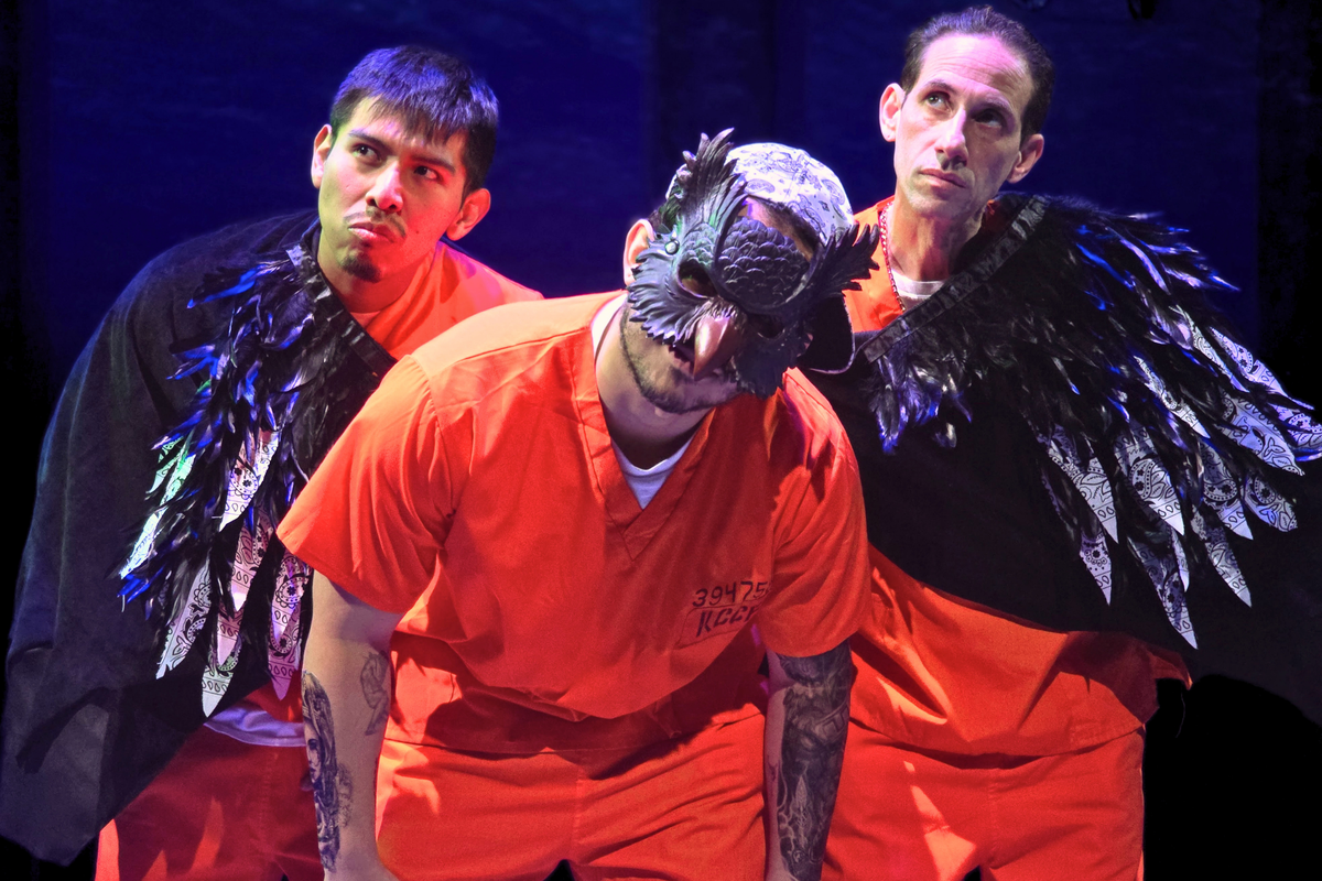 Los búhos (Eduardo Sanchez, David Franco and Ricardo Nogueras) in Three Bone Theatre’s production of ‘Oedipus El Rey’ by Luis Alfaro.
