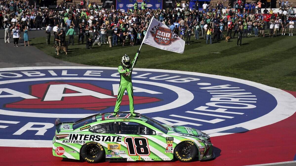 Kyle Busch won his 200th race across NASCAR’s three national series at Fontana, tying Richard Petty's longstanding record.