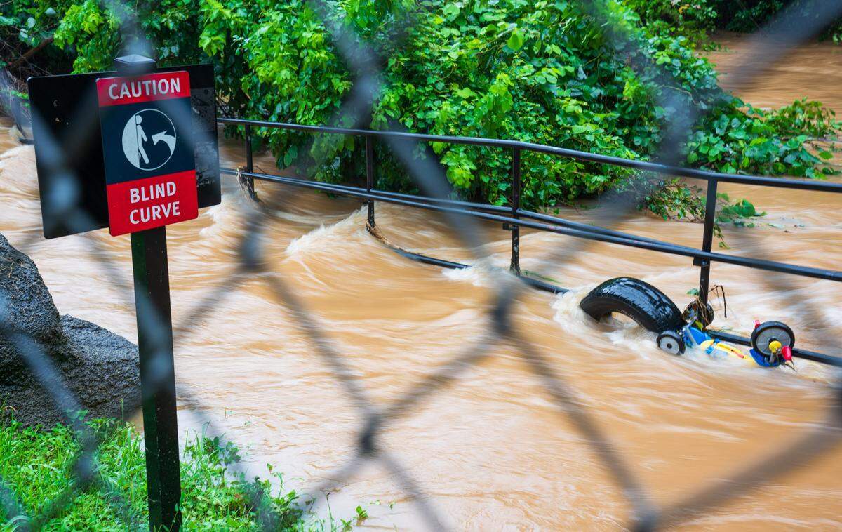 Water rushes through at The Greenway entrance at Freedom Park in Charlotte on Thursday, August 8, 2024, as heavy rains from Tropical Storm Debby passed through the area.