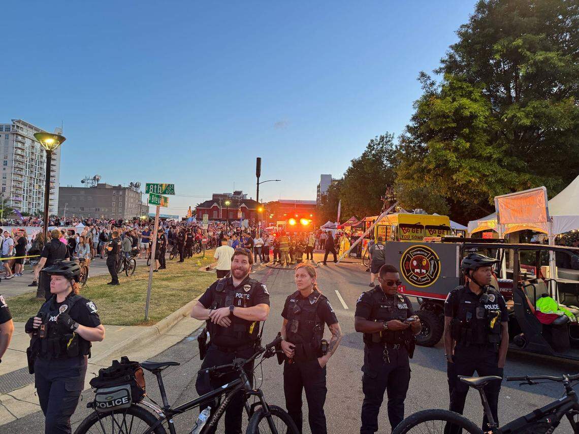 Firefighters work on a Bojangles food truck after it caught on fire at Lovin’ Life Music Fest in Charlotte on May 4, 2025.