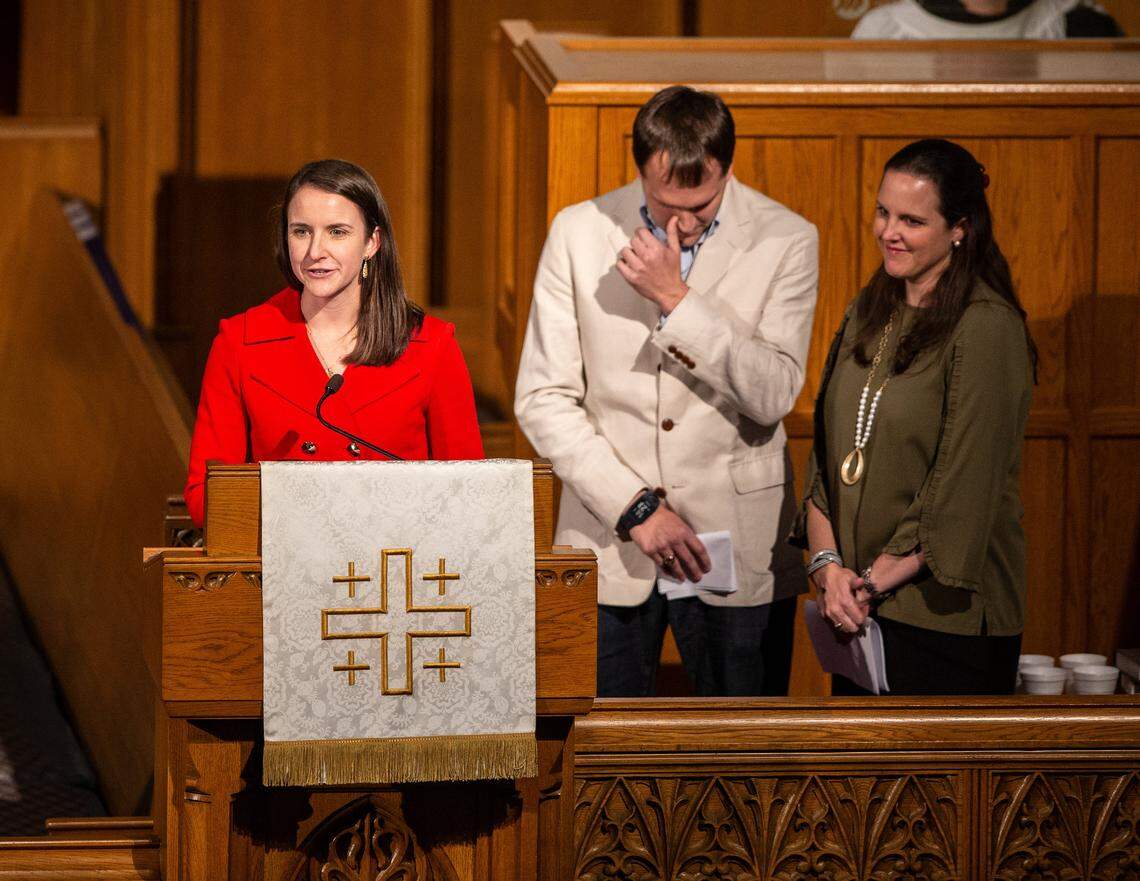 Kay Hagan’s children, (from left) Carrie Hagan, Tilden Hagan and Jeanette Hagan give eulogies during former U.S. Senator Kay Hagan’s memorial service at First Presbyterian Church in Greensboro, N.C., on Sunday, November 3, 2019.