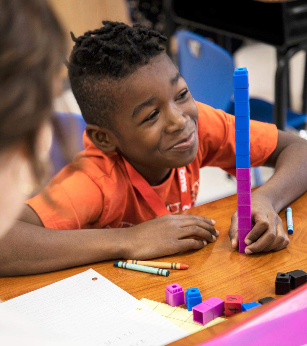 A student at Lansdowne Elementary uses blocks to count to 20 in a Heart Math tutoring session on Wednesday, Nov. 9, in Charlotte, NC.