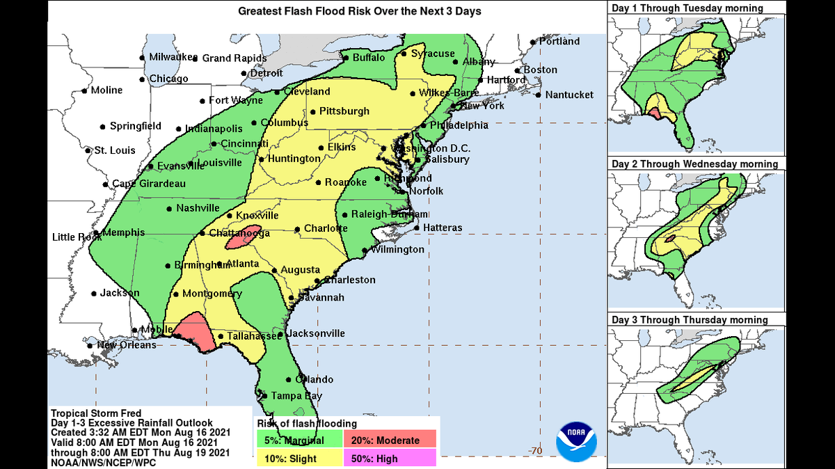 A map from the National Hurricane Center shows flash flooding chances from Tropical Storm Fred.