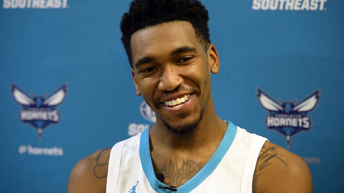 Charlotte Hornets rookie Malik Monk reacts to a question during an interview at Spectrum Center on Tuesday, September 19, 2017,  a week out from his first NBA training camp.