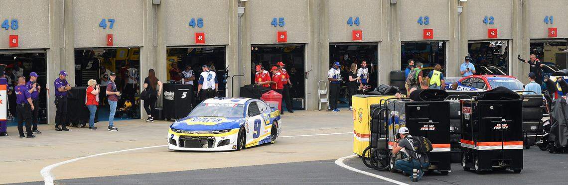NASCAR Cup driver Chase Elliott exits the garage area at Charlotte Motor Speedway to begin practice on Friday, May 28, 2021. Elliott has been the sports most popular driver for three straight years and will be competing to win the Coca-Cola 600 on Sunday, May 30, 2021.