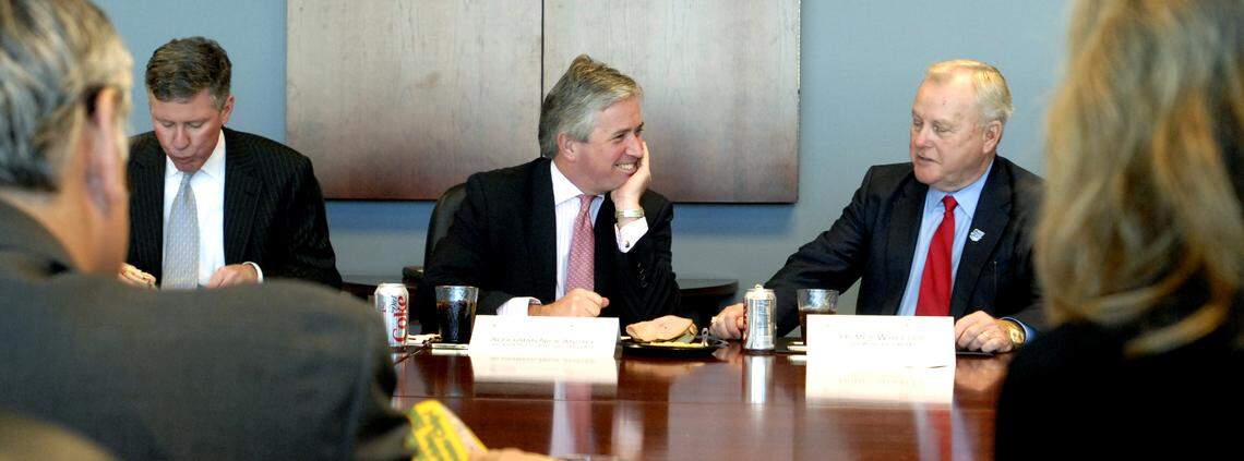 Alderman Nick Anstee the lord mayor of the City of London chatted with Humpy Wheeler of the Wheeler Company over lunch before addressing the Charlotte Regional Partnership on Tuesday Jan. 27, 2010 to discuss the U.K.'s successful banking regulations.  Anstee is the 682nd Lord Mayor appointed to the annual, nonpartisan position.  