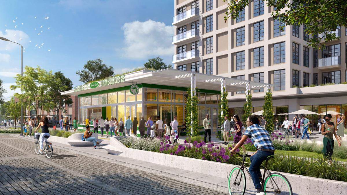 Harriet’s Hamburgers will open in a stand-alone retro-modern building, rendering shown, at the Bowl at Ballantyne.