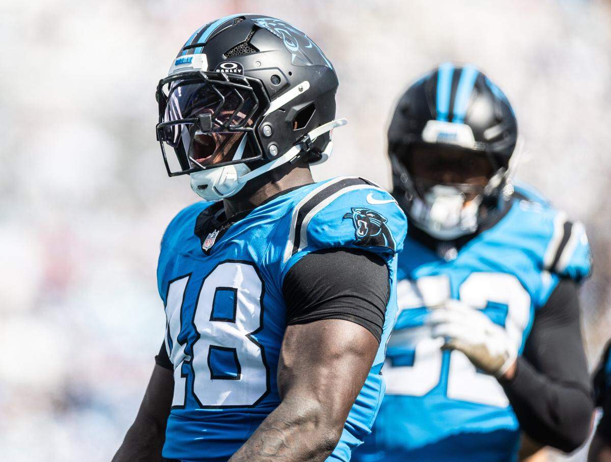 Carolina Panthers linebacker Thomas Incoom celebrates after a defensive play against the Atlanta Falcons at the Bank of America Stadium in Charlotte, N.C., on Sunday, September 21, 2025.