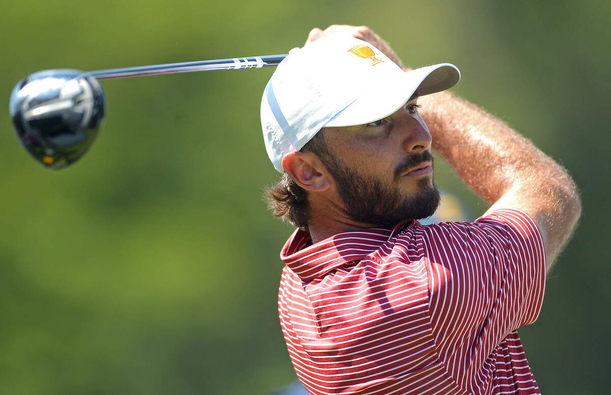 U.S. team member Max Homa watches his drive from the 18th tee box during a practice round at Quail Hollow Club in Charlotte, NC on Tuesday, September 20, 2022. The U.S. team will face the International team in the Presidents Cup that will be held at Quail Hollow Club from September 22-25, 2022.
