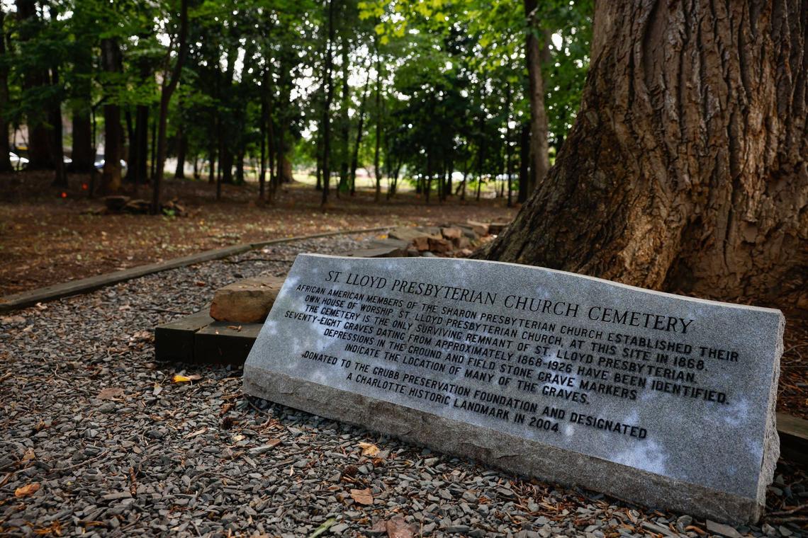 The St. Lloyd Presbyterian Cemetery Foundation is making efforts to preserve two cemeteries that once belonged to the church, one in SouthPark, which is its original location, and one in Grier Heights, where it moved in the 1920s. This stone is on display at the South Park cemetery, which holds 184 grave sites.