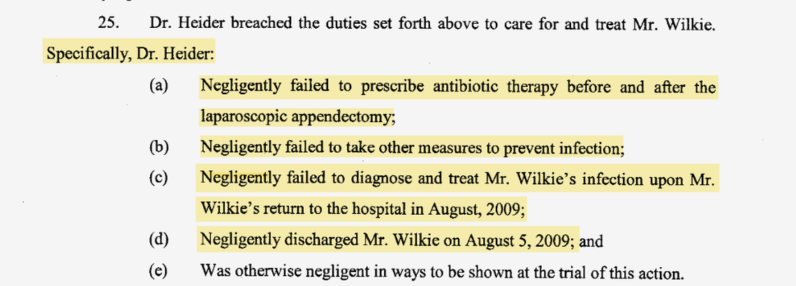 A wrongful death lawsuit by William Wilkie’s widow says Heider’s repeated failure to prescribe antibiotics led to her husband’s death. 