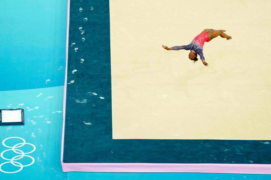 Aug 5, 2024; Paris, France; Simone Biles of the United States competes on the floor exercise on day three of the gymnastics event finals during the Paris 2024 Olympic Summer Games.