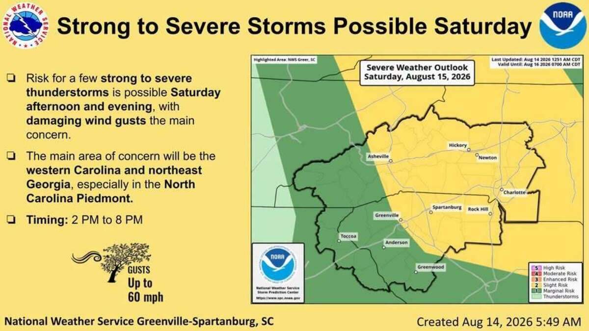 Saturday storms graphic.jpg Severe storms with 60 mph gusts may develop in the Charlotte area Saturday afternoon and evening, National Weather Service meteorologists said.