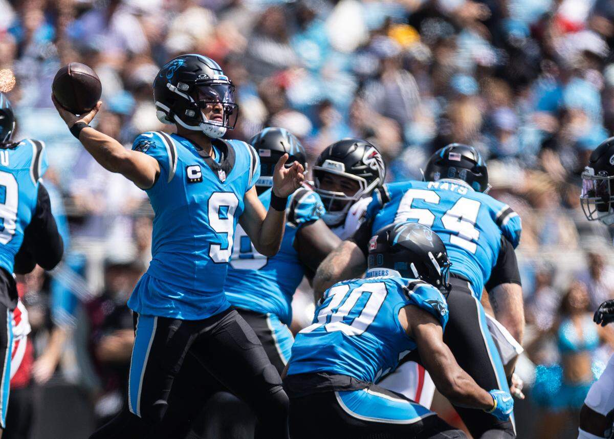Carolina Panthers quarterback Bryce Young makes a pass against the Atlanta Falcons on Sunday at Bank of America Stadium in Charlotte on Sunday, Sept. 21, 2025