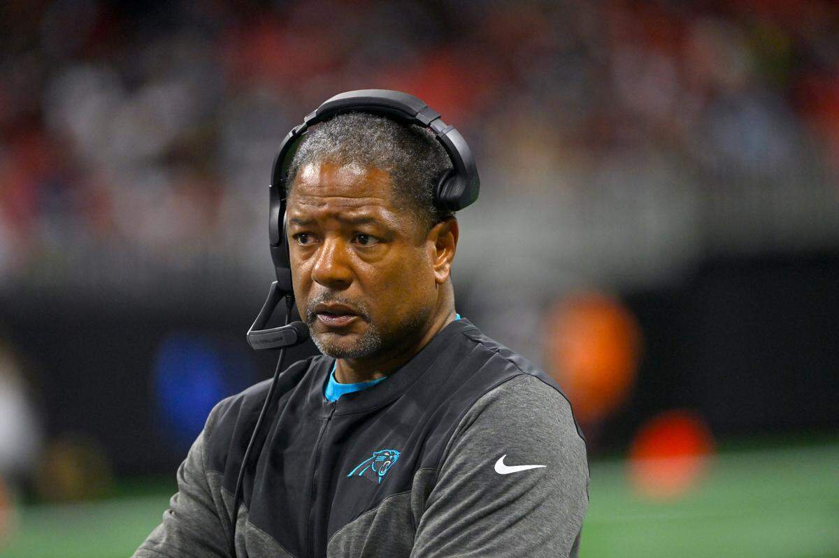Carolina Panthers head coach Steve Wilks watches from the sidelines during the first half of an NFL football game against the Atlanta Falcons Sunday, Oct. 30, 2022, in Atlanta. (AP Photo/John Amis)