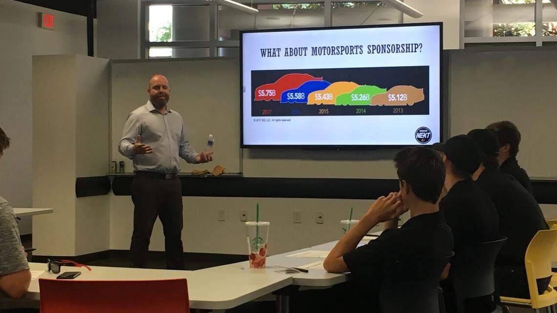 Johnson & Wales University professor Patrick Stack gives a lecture during a class in 2017.