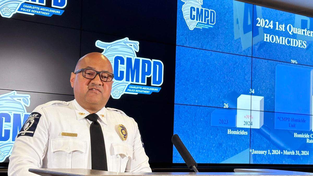 Deputy Chief Zeru Chickoree of the Charlotte-Mecklenburg Police Department speaks about crime statistics for 2024 on Monday, April 15. Homicides are up so far this year.