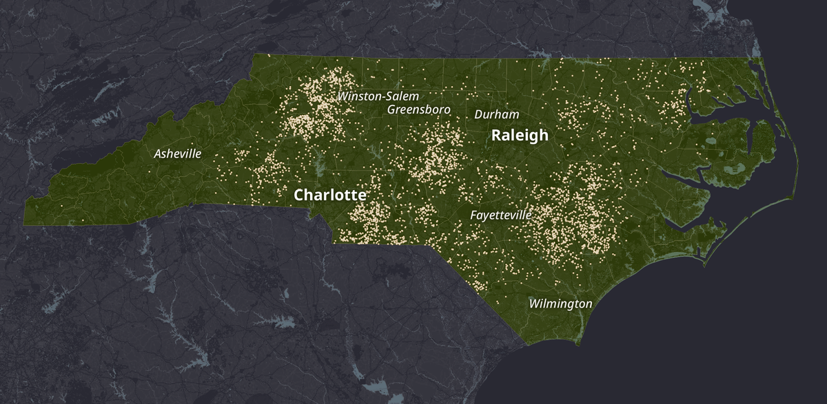 Poultry farms now dot most North Carolina counties. The smallest farms raise about 20,000 chickens at a time. The largest: more than 1.5 million. This 2022 Charlotte Observer map, built from two datasets and verified with satellite imagery, shows 4,679 farms in 79 counties.