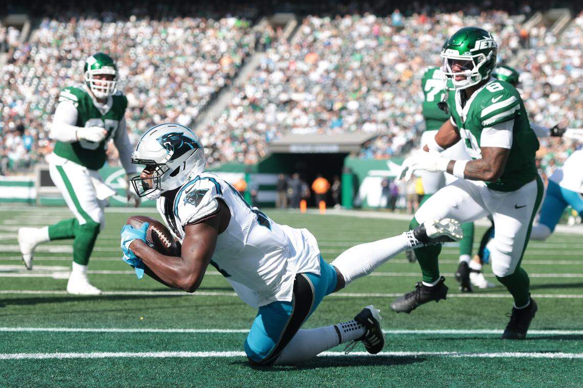 Carolina Panthers wide receiver Xavier Legette (17) catches the ball for a touchdown in the second quarter against the New York Jets on Sunday in New Jersey.