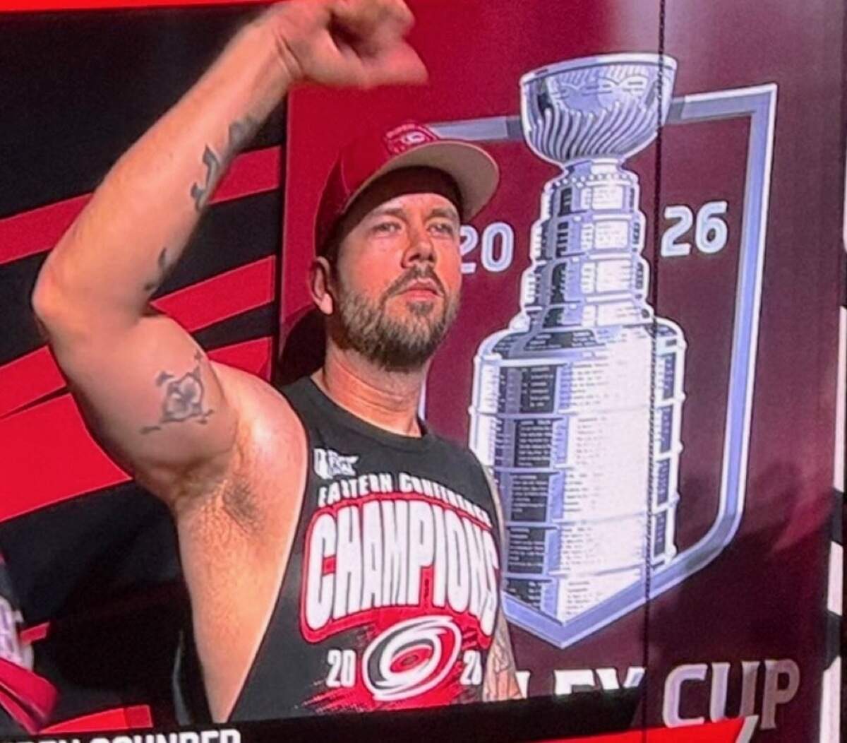 Bryson Karbley is shown on the Jumbotron in Lenovo Center ahead of “sounding the siren” at Game 5, the last home game for the Carolina Hurricanes before they claimed the 2026 Stanley Cup.