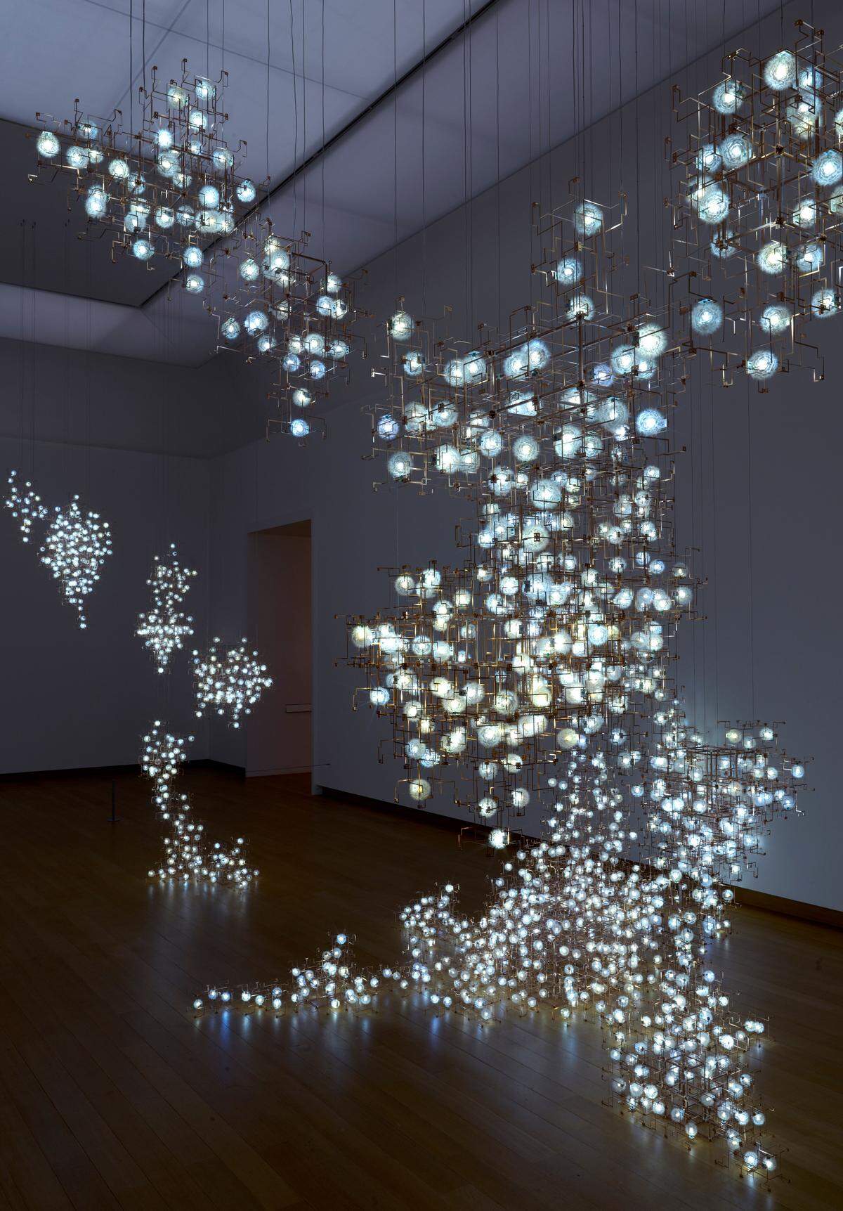 This piece, called “Fragile Future,” is part of the “Immersed in Light” exhibition, which includes five pieces from Studio Drift of the Netherlands.