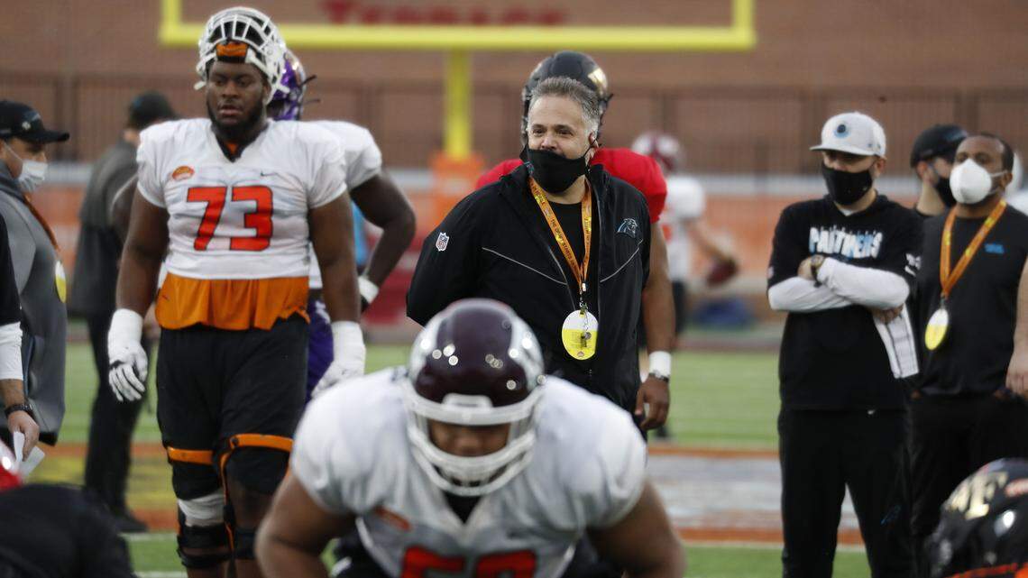 Carolina Panthers coach Matt Rhule observes Senior Bowl practice on Tuesday, Jan. 26, 2020, in Mobile, Ala.