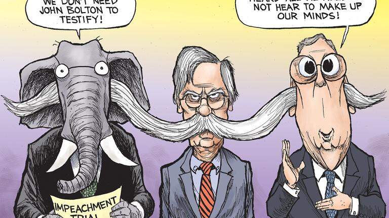 Kevin Siers cartoon: John Bolton’s ready to testify. Why the senate doesn’t care