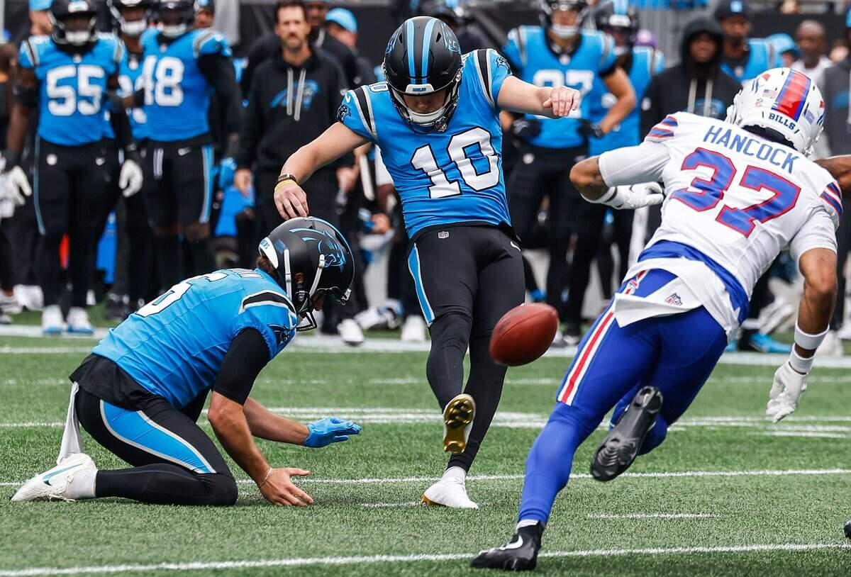 Panthers kicker Ryan Fitzgerald kicks for an extra point after Chuba Hubbard's touchdown during the game against the Bills at Bank of America Stadium in Charlotte, NC on Sunday, October 26, 2025. Fitzgerald's kick went outside the posts and the Panthers did not get the extra point.