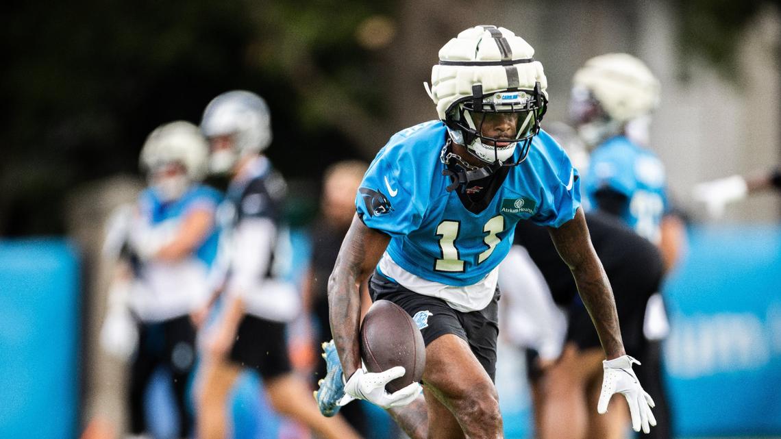 Carolina Panthers Ihmir Smith-Marsette runs a ball during the Carolina Panthers Training Camp in Charlotte, N.C., on Monday, August 5, 2024.