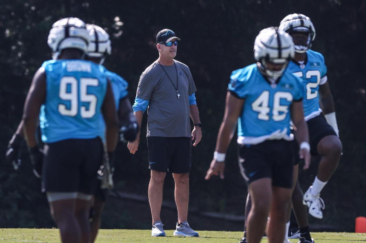 Carolina Panthers coach Frank Reich talks to players during Panthers Training Camp at Wofford College in Spartanburg, N.C., on Wednesday, July 26, 2023.