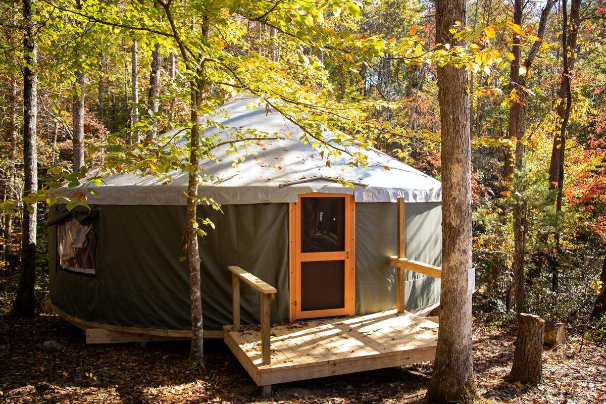 At Emberglow Outdoor Resort, deluxe yurts are available for rent.
