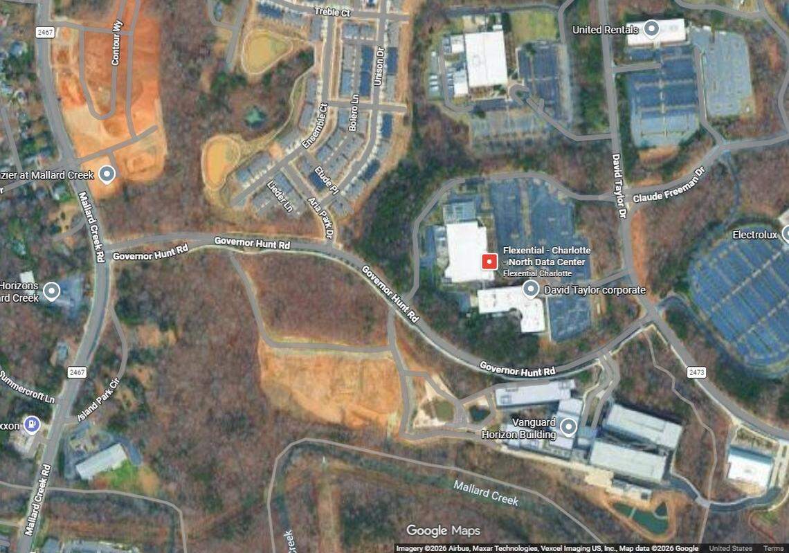 An aerial Google view of Flexential 10105 David Taylor Dr. The property is owned by H5 Data Centers, which submitted a zoning verification letter to the city of Charlotte looking for confirmation on whether the two properties surrounding Flexential in University are zoned to allow for a telecommunications and data storage facility.