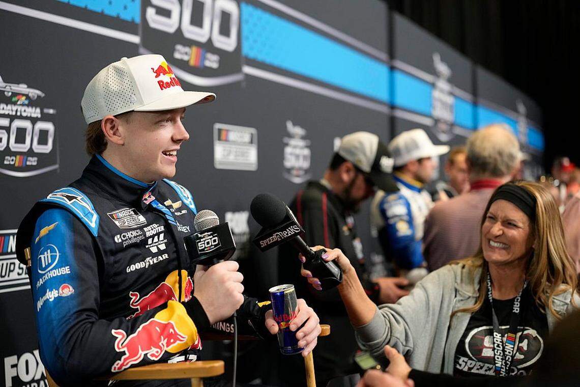 DAYTONA BEACH, FLORIDA - FEBRUARY 11: Connor Zilisch, driver of the #88 Red Bull Chevrolet, speaks to the media during Media Day for the NASCAR Cup Series Daytona 500 at Daytona International Speedway on February 11, 2026 in Daytona Beach, Florida. (Photo by Patrick McDermott/Getty Images)