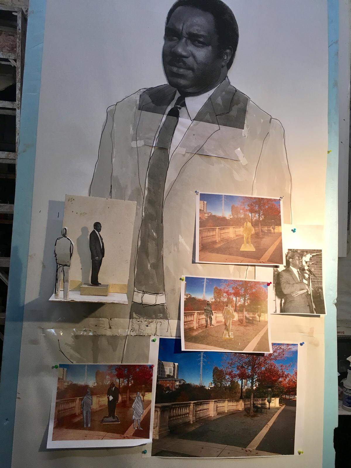 A collage of sculptor Ed Hamilton’s early ideas for the Julius Chambers statue he is creating.