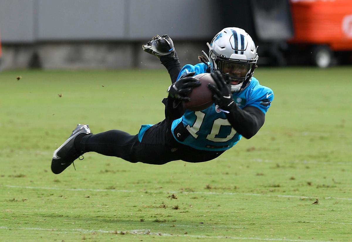 Carolina Panthers wide receiver Curtis Samuel (10) stretches out for a reception during Carolina Panthers Training Camp at the team’s training facility on Sunday, August 16, 2020.