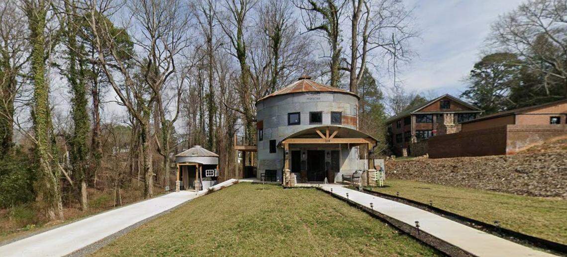 Tom and Betty Flohr’s silos are on a formerly vacant quarter acre on North Cedar Street, three blocks from dining and entertainment in downtown Lincolnton. The couple’s historic home is behind and to the right of the silos. 