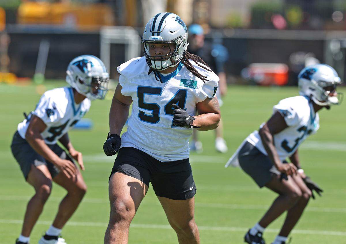 Carolina Panthers rookie linebacker Kyrdan Jenkins, center, runs through drills with his teammates during the team’s rookie minicamp practice on Friday, May 9, 2025.
