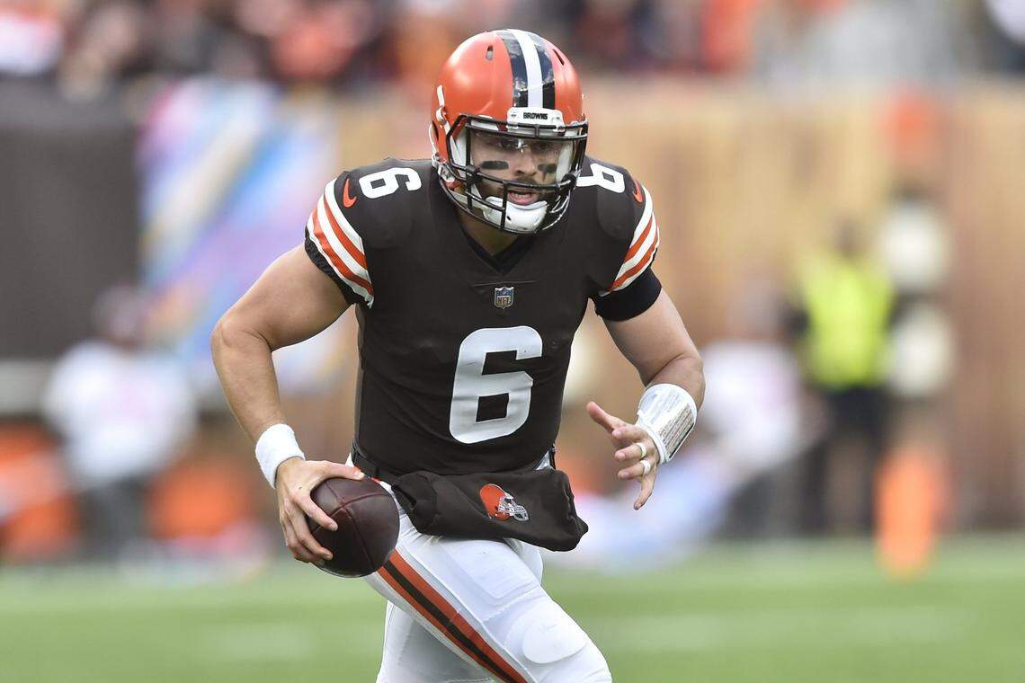Cleveland Browns quarterback Baker Mayfield (6) scrambles during an NFL football game against the Arizona Cardinals, Sunday, Oct. 17, 2021, in Cleveland. The Cardinals won 37-14. (AP Photo/David Richard)