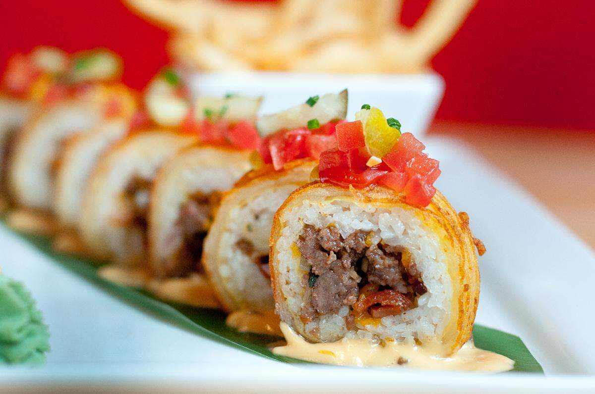 All-American bacon double Cheeseburgooshi&nbsp;from The Cowfish Sushi Burger Bar.