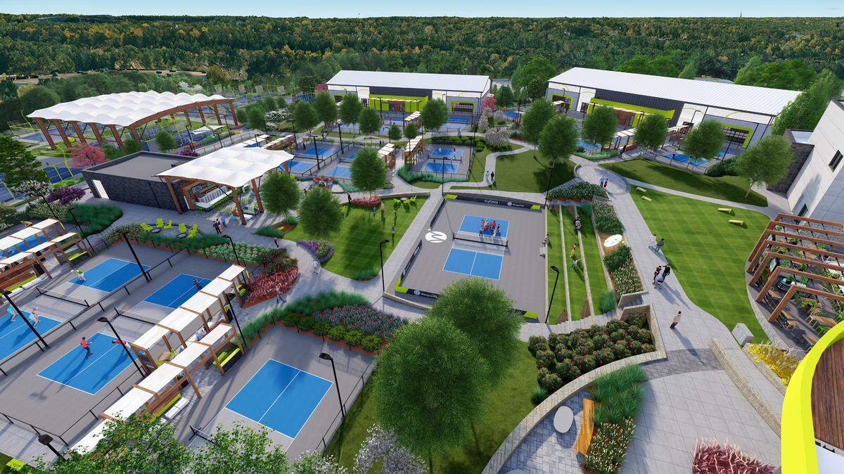 Renderings of Swing Racquet + Paddle, expected to open in 2026 at 6121 Mt. Herman Road in Raleigh.
