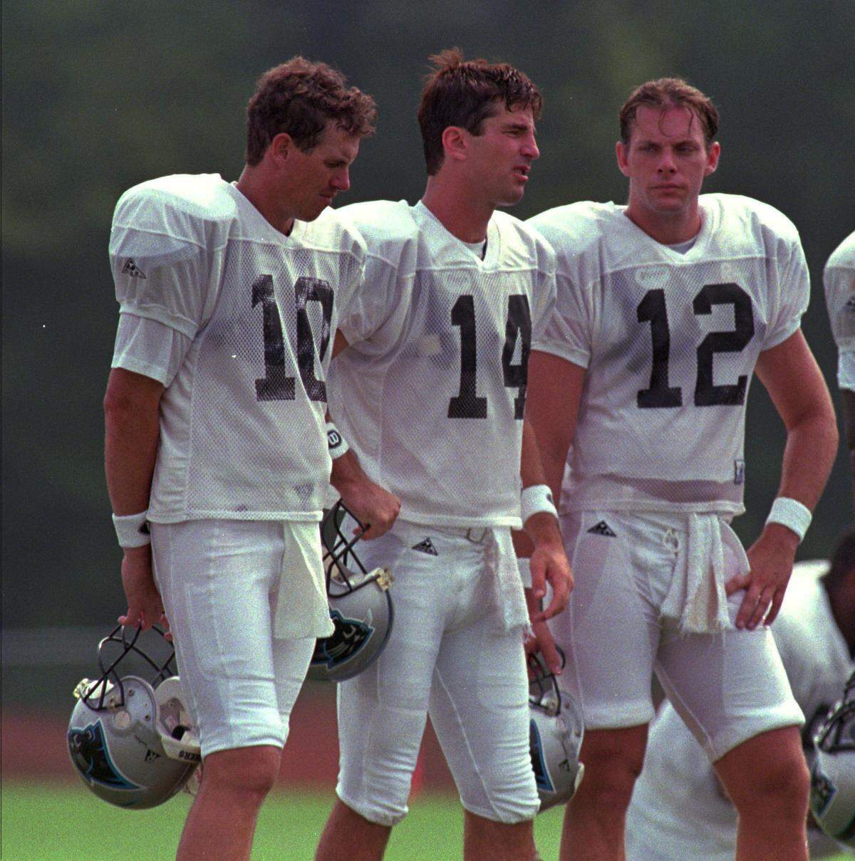 There are 17 men who have started at least one game for Carolina at quarterback. The first two are Frank Reich (center) and Kerry Collins (right). Jack Trudeau (left) was on the first team in 1995 but never started a game.