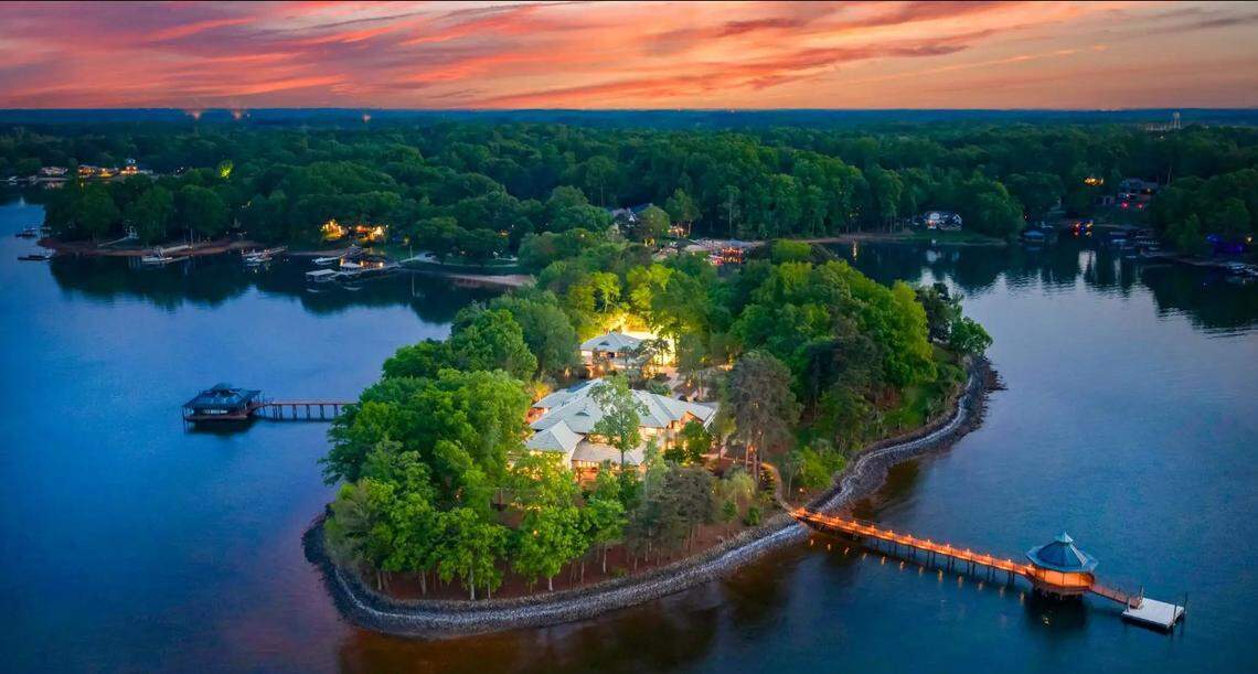 Merancas Island, the name of a two-story Lake Norman mansion and its 4.5-acre island, is for sale at the southern end of the lake in Huntersville, about four miles west of Interstate 77 Exit 25.