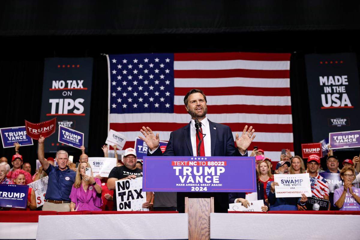 Senator JD Vance, the GOP vice presidential nominee, speaks to supporters during a rally at Dale F. Halton Theater on the campus of CPCC in Charlotte, NC on Monday, September 23, 2024.