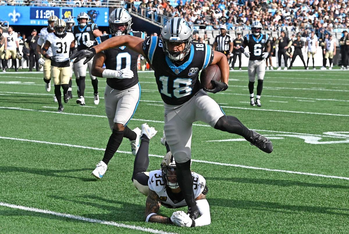 Carolina Panthers wide receiver Jalen Coker escapes the grasp of New Orleans Saints safety Tyrann Mathieu during action on Sunday, November 3, 2024.