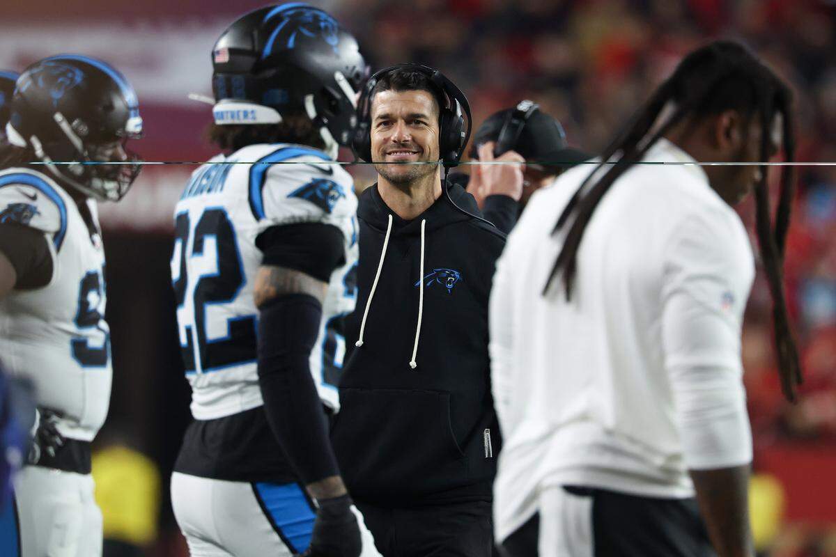 Head coach Dave Canales of the Carolina Panthers reacts in the second quarter of Monday’s game against the San Francisco 49ers at Levi's Stadium.